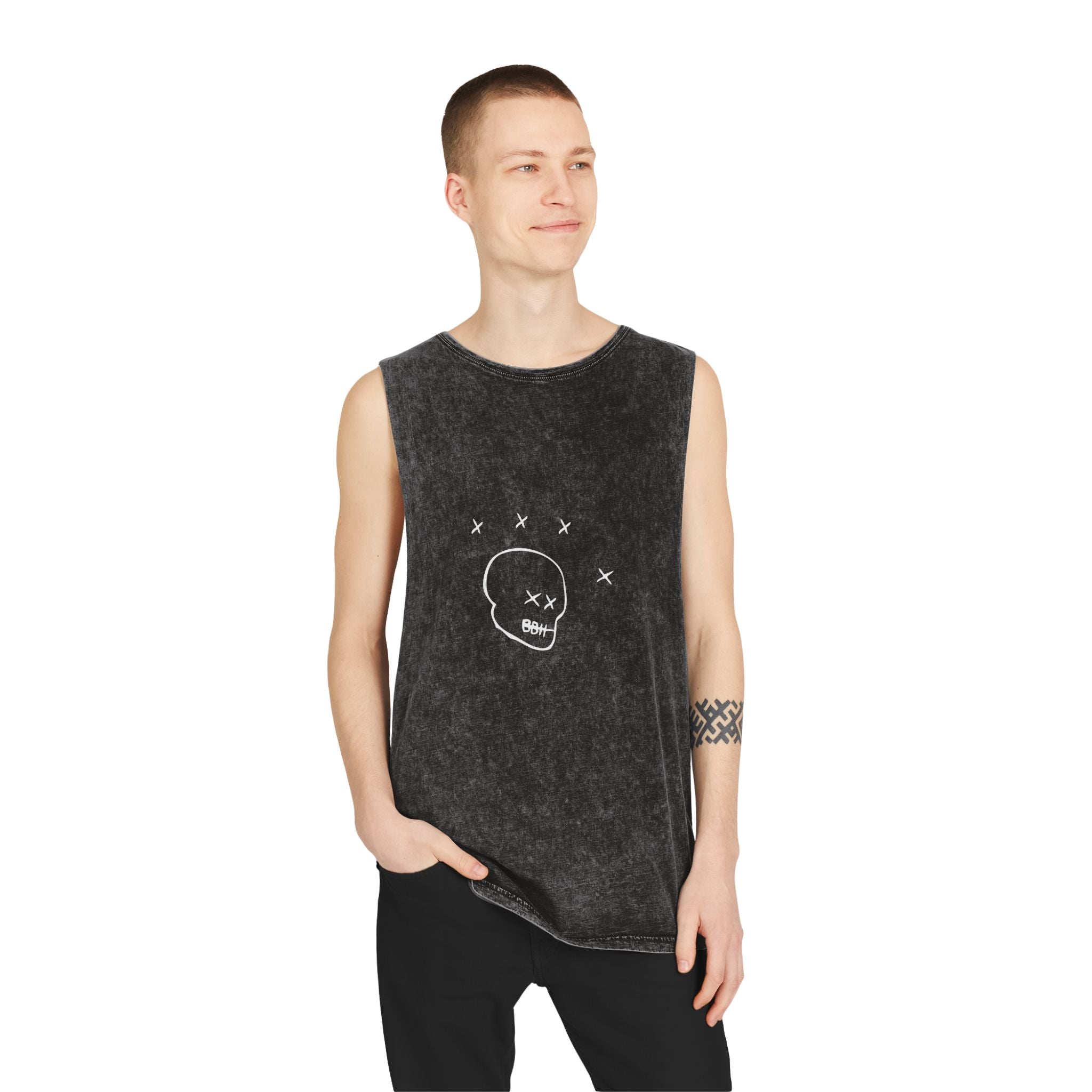 Daryl Mode Unisex Stonewash Graphic Tank Top - Edgy Skull & Wings Design, Summer Fashion, Music Festival Wear, Casual Street Style