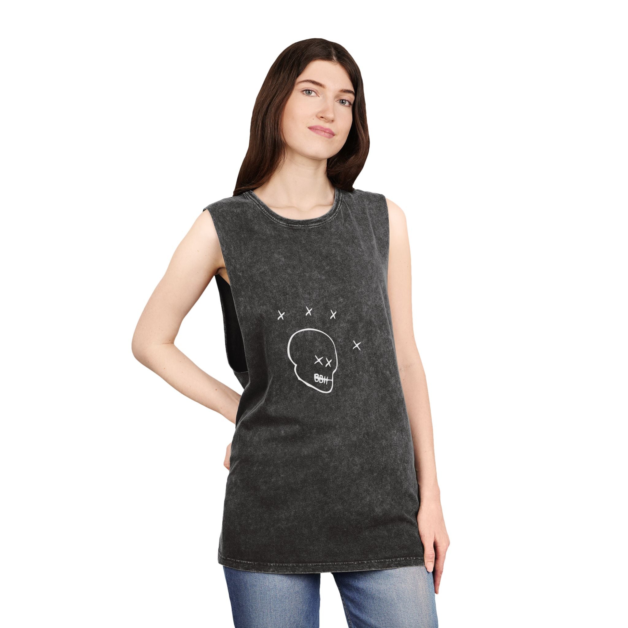 Daryl Mode Unisex Stonewash Graphic Tank Top - Edgy Skull & Wings Design, Summer Fashion, Music Festival Wear, Casual Street Style