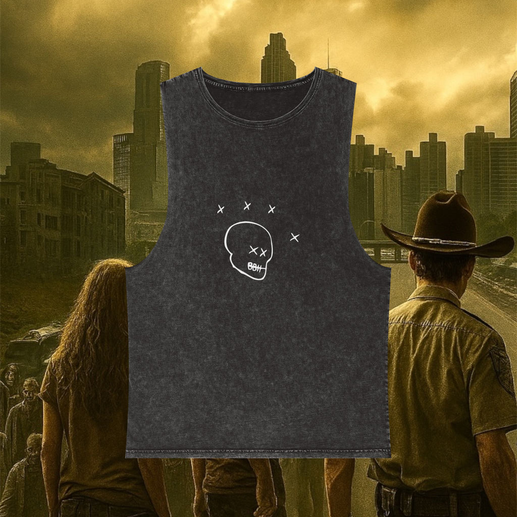 Daryl Mode Unisex Stonewash Graphic Tank Top - Edgy Skull & Wings Design, Summer Fashion, Music Festival Wear, Casual Street Style